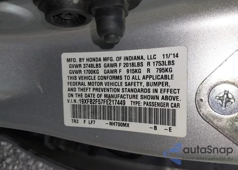 2015 Honda Civic Lx z USA, uszkodzony, nr VIN 19XFB2F57FE217449